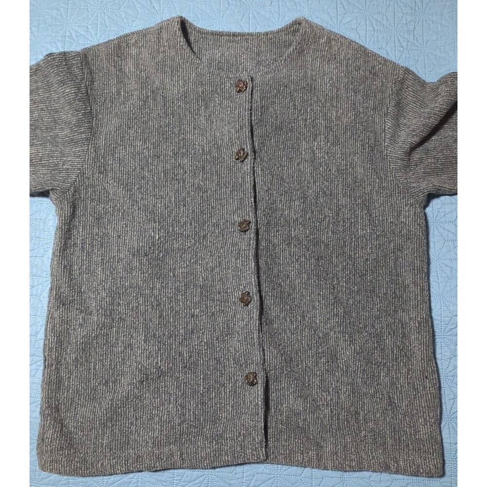 Greenbrand Recycled Cover Up Sweater Unique Brass Bear Buttons Yarn Womens Sz L - Picture 2 of 9